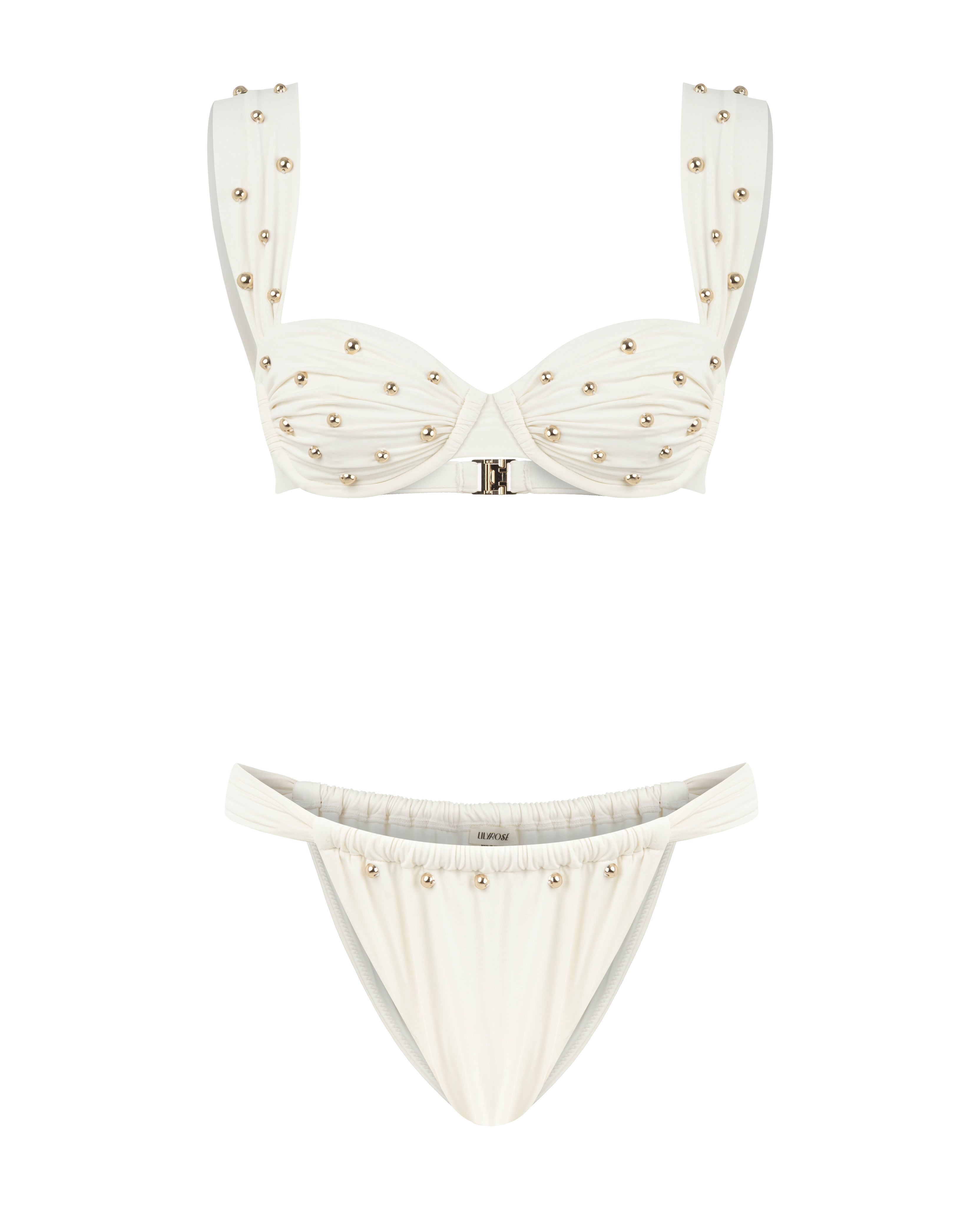 LIPA Ruched underwired cream balconette bikini set with gold-plated accessory details